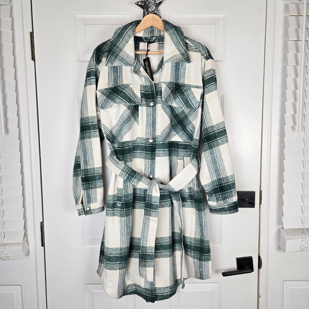 Blank NYC Flannel Longline Coat Womens Large Button Up Grean Cream Plaid Outdoor